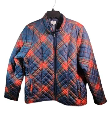 Chaqueta acolchada a cuadros Kim Rogers con cremallera talla grande roja y azul acolchada para exteriores nueva con etiquetas Foto 1 de 4