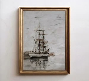 Muted Nautical Ship Oil Painting Vintage Sailboat Wall Art - Picture 1 of 4
