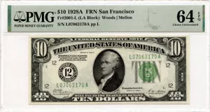 1928A $10 San Francisco, CA Federal Reserve Note Fr#2001-L PMG Choice UNC 64 EPQ - Picture 1 of 2