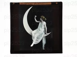 Woman Sits On Crescent Moon Goddess Diana Tinted Glass Magic Lantern Slide - Picture 1 of 1