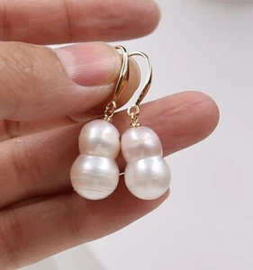 12x18mm baroque white keshi reborn peanut pearl dangle earrings 18KGP - Picture 1 of 4