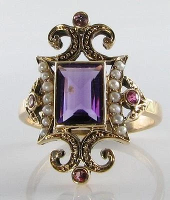 ANILLO DE CÓCTEL GRANDE ORO 9K ZAMBIA AMATISTA ROSA TURMALINA PERLA ART DECO INS Foto 1 de 4