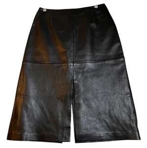Vtg Y2K Cache Leather Midi Skirt Women's 6 Lined Zip Closure Black Double Slit - Picture 1 of 16