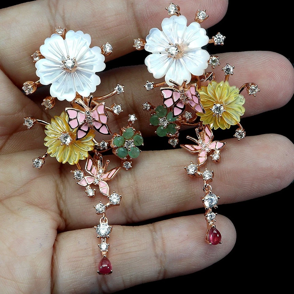 Black Friday 925 Sterling Silver Earrings Ruby 4x3mm Emerald Mop Enamel Flower - Image 1 of 4