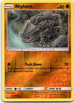 Pokemon TCG Rhyhorn 92/214 Unbroken Bonds Reverse Holo Rare Lightly Played - Image 1 of 2