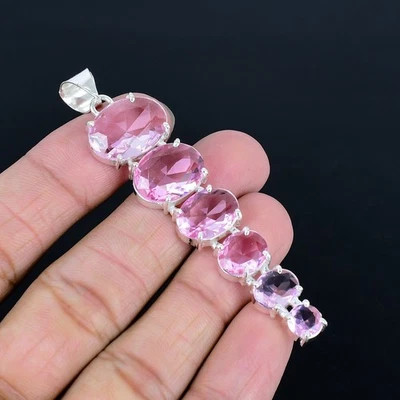 Colgante solitario étnico de plata de ley 925 con piedras preciosas de kuncita rosa 3,2" VJ 1261 Foto 1 de 4