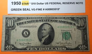 1950 STAR * $10 Dollar US FEDERAL RESERVE NOTE GREEN SEAL VG-FINE # A00803515* - Picture 1 of 2