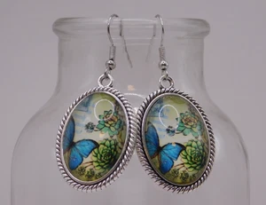 Metal & Glass Pierced Dangle Earrings, Vintage Style, Butterfly, 1" - Picture 1 of 2