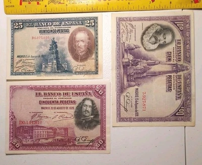 Old Spain 25, 50, 100 Pesetas Notes from 1928 EF to aUNC *Nice Trio* - Image 1 of 2