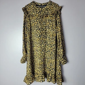 Who What Wear Dress Long Sleeve Ruffles Mini Black Yellow Print High Neck Sz XXL - Picture 1 of 11