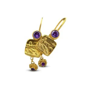 Sterling Silver 925k Roman Art Coin Amethyst Earrings 24 k Yellow Gold Plated - Picture 1 of 6