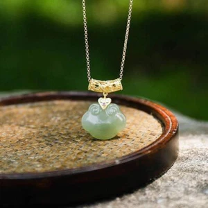 Green Jade Ruyi Pendant Necklace 925 Silver Chalcedony Natural Jewelry Charm - Picture 1 of 6