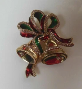 Broche de campanas navideñas firmado Avon 2015 esmalte dorado estrás - Imagen 1 de 2