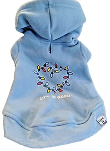 LIFE IS GOOD Dog, Pet Hoddie Sweatshirt Light Blue Holiday lights Sz. Medium NWT - Picture 1 of 6