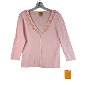 Ruby Rd Womens Pink Button Up Cardigan V Neck Sequin Beads 3/4 Sleeve Size M NWT - Picture 1 of 9
