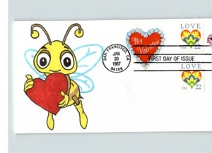 Hand Painted 1987 LOVE First Day of Issue, pic BUMBLEBEE holding Heart, # 1 of 1 - Picture 1 of 1