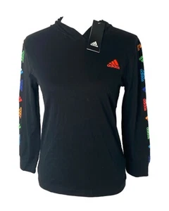 Boy's Small Long Sleeve Shirt Adidas Black Multicolor Logo Sleeve Hooded - Picture 1 of 7