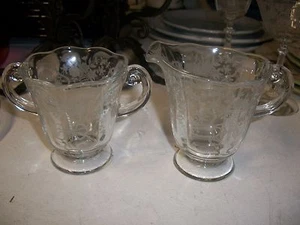 Vintage Fostoria Baroque Flame corsage Etched creamer & open sugar bowl - Picture 1 of 6