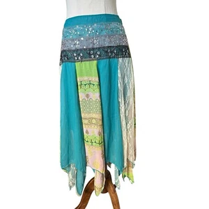 Vintage Y2K Crossroads Blue Patchwork Midi Skirt Handkerchief Boho Fairy Sz 8 - Picture 1 of 8