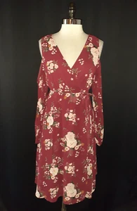 TORRID Plus Size 0 0X A-Line Dress Red Pink Floral Long Sleeve Cold Shoulder - Picture 1 of 6