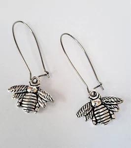 SILVER BEE DROP/ DANGLE EARRINGS - Stainless Steel Anti Allergy Ear Wires - Picture 1 of 7