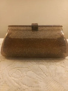 Vintage Lucite Gold Glitter Purse Clutch W/Insert Copper Clasp Rare No Cracks - Picture 1 of 12