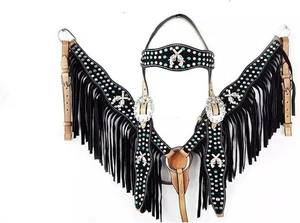 Collar de pecho de caballo de cuero tachonado artesanal con flecos negros para montar en el oeste - Imagen 1 de 2