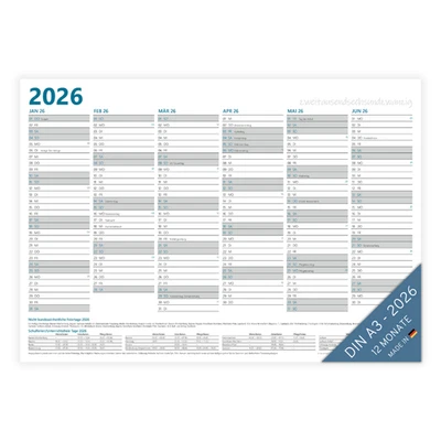 PuK Wandplaner Jahresplaner 2026 12 Monate Ferien Feiertage DIN A3 gefalzt A4 - Bild 1 von 4