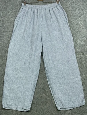 FLAX Linen Pants Womens M Blue White Stripe Wide Leg Barrel Lagenlook Pull On - Image 1 of 4