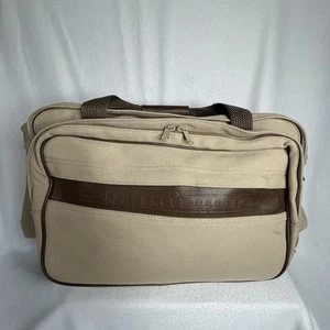 Vintage Eddie Bauer Ford Tan Canvas Duffle Bag Carry On 22x12x12 Leather Trim - Picture 1 of 14