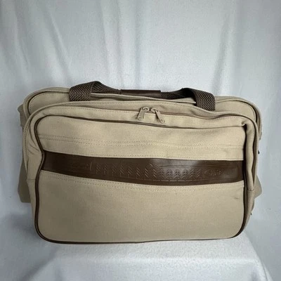 Vintage Eddie Bauer Ford Tan Canvas Duffle Bag Carry On 22x12x12 Leather Trim - Image 1 of 4