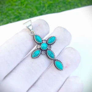 925 Sterling Silber Natur Türkis Edelstein Schmuck Kreuz Anhänger - Bild 1 von 4