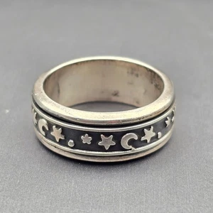 VTG Sterling Silver 925 Moon & Stars 7.6mm Band Ring Size 7 Spinner 6.95g - Picture 1 of 8