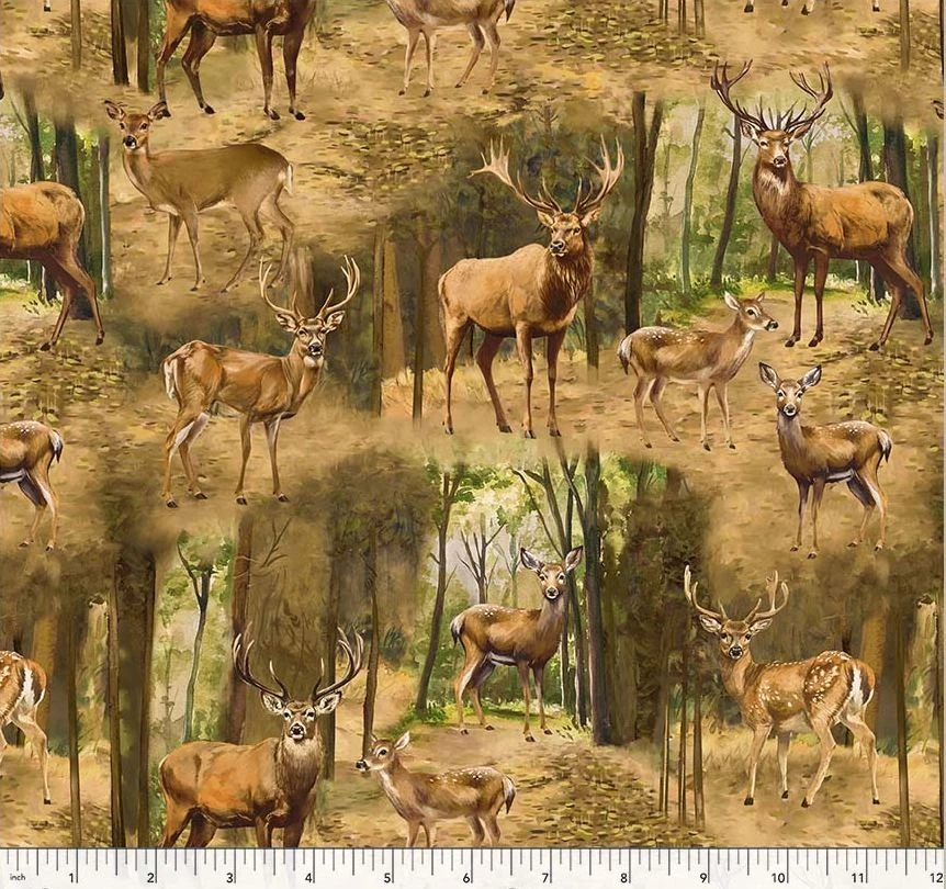 Algodón Animales Salvajes Alces Ciervos Madera Cervatillos Vida Silvestre Tela Estampado por Yarda D606.25 Foto 1 de 1