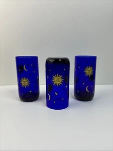 Libbey Celestial Sun Moon & Stars Cobalt Blue Glasses 14oz Tumbler Highball 3pc - Picture 1 of 7