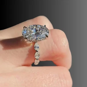 Oval Cut Moissanite 925 Silver Engagement Ring • Vintage Style White Gold Ring - Picture 1 of 7