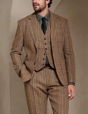 Wool Blend Check Plaid Tweed Men Suits Notch Lapel Party Business Formal Tuxedos - Image 1 of 4