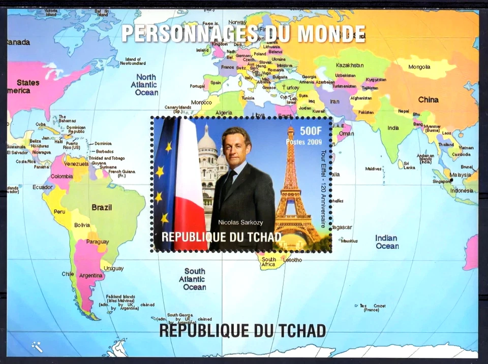 Hoja de recuerdo perforada President Nicolas Sarkozy/120 Ann. Torre Eiffel MNH Foto 1 de 1