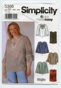 Simplicity 5356 Six Tops mit Ärmel und Besatz Variationen Übergröße 26W-32W ungeschnitten - Bild 1 von 3