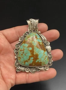 Native American Vtg Sterling Silver Large Turquoise Leaf Design Chunky Pendant - Picture 1 of 7