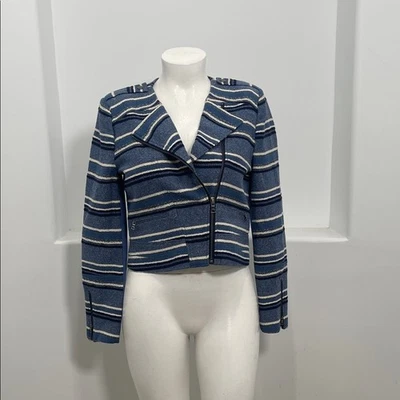 Chaqueta de moto para mujer Bcbgmaxazria Novak a rayas tweed azul multi talla L Foto 1 de 4