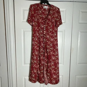 Vintage 90er Betsy Lauren Hemdblusenkleid Damen 14 rot Blumen Knopfleiste Lagenlook - Bild 1 von 14