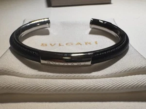 BVLGARI men’s Cuff Bracelet Steel and Leather - Picture 1 of 7