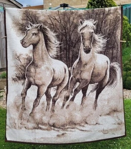 Vintage Biederlack Mustang Horses Brown Reversible Blanket Throw 55” x 74” - Picture 1 of 5
