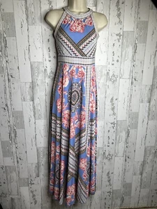 INC Maxikleid blau rosa Blumendruck mit schwarzer Borte Akzent Neckholder T-Back PP - Bild 1 von 14