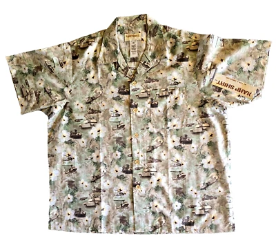 US Army Hawaiian Camp Shirt Kamp Eagle Crest Mens XL Helicopters Tanks Soldiers - Image 1 of 4
