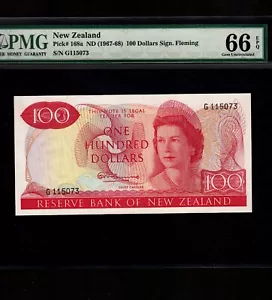 New Zealand 100 Dollars 1967-68 P-168a * PMG Gem Unc 66 EPQ * Queen Elizabeth * - Picture 1 of 2