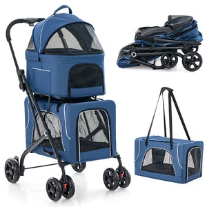 Double Pet Stroller for 2 Dogs or Cats w/ 2 Detachable Carriers Safety Belt Blue - Picture 1 of 10