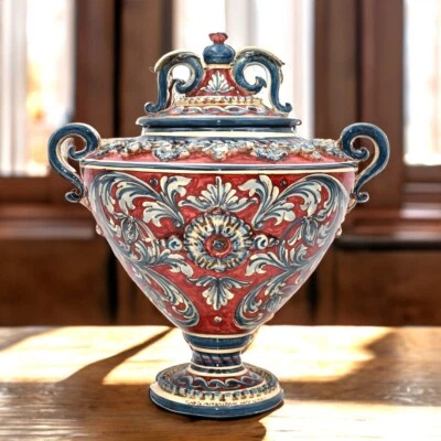 Potiche Mit Fuß Verziert Blau Bordeaux Keramik Sizilien Handgefertigt 38 CM - Bild 1 von 4