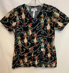 Peaches Scrub Top XS Rockin Dancing Reindeer Glitter Holiday - Picture 1 of 4